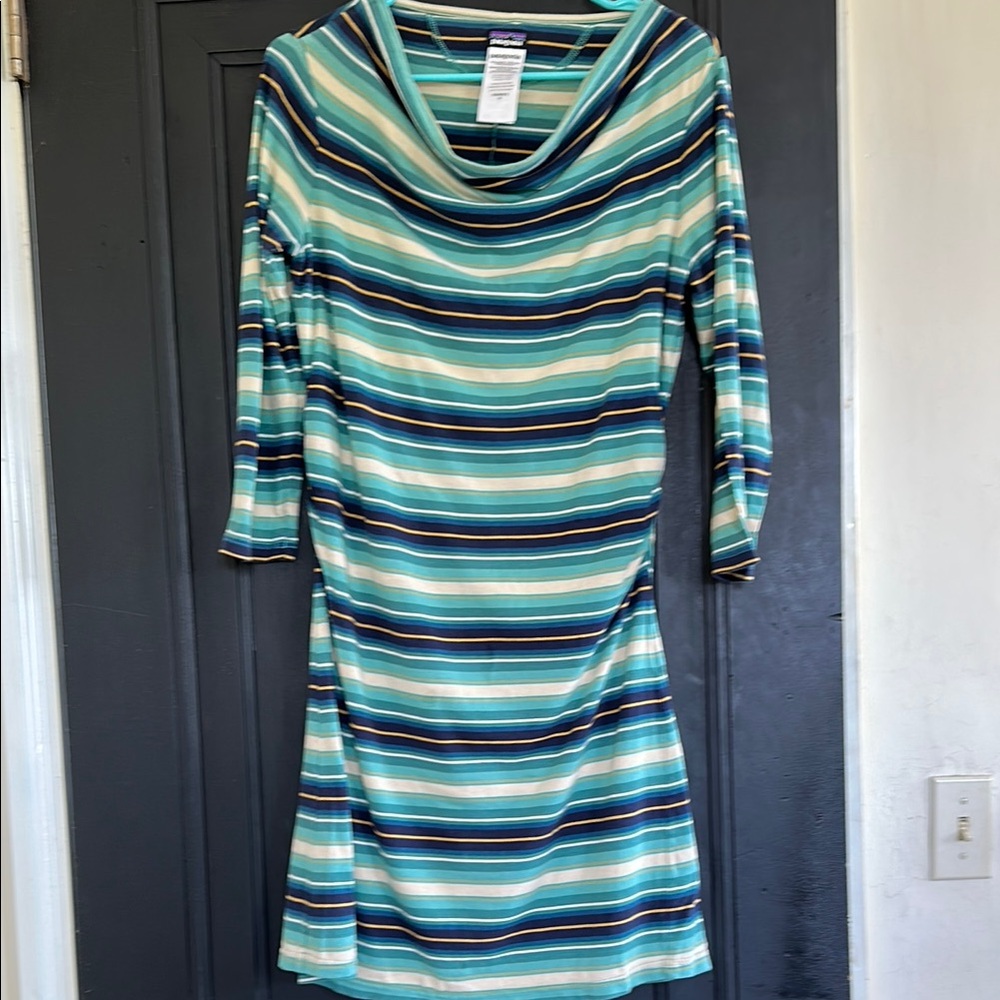 Patagonia Blue Green Cowl Neck Sheath Dress